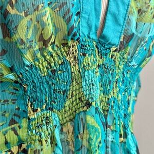 New York & Company Teal Tropical Print Blouse – Size Large